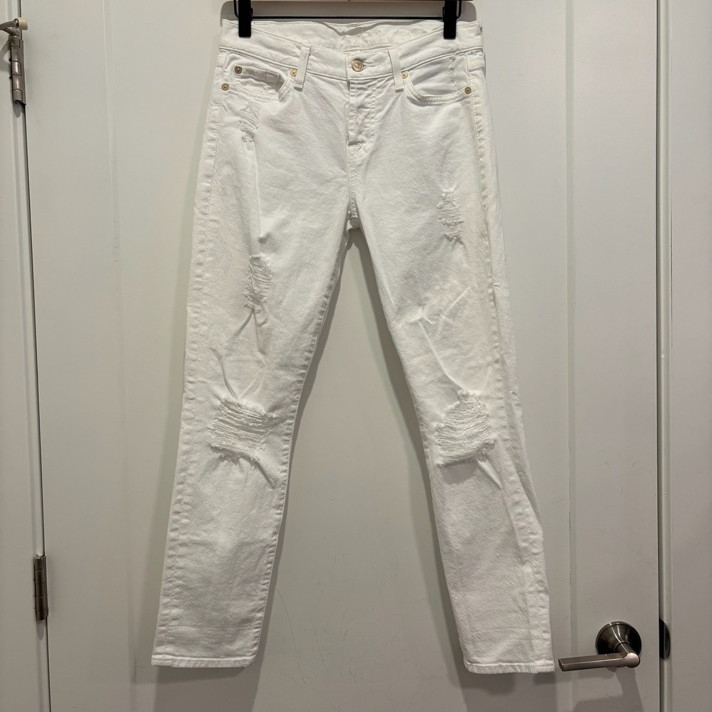 7 For All Mankind White Distressed Slim Straight Leg Jeans‎ Size 25 Women